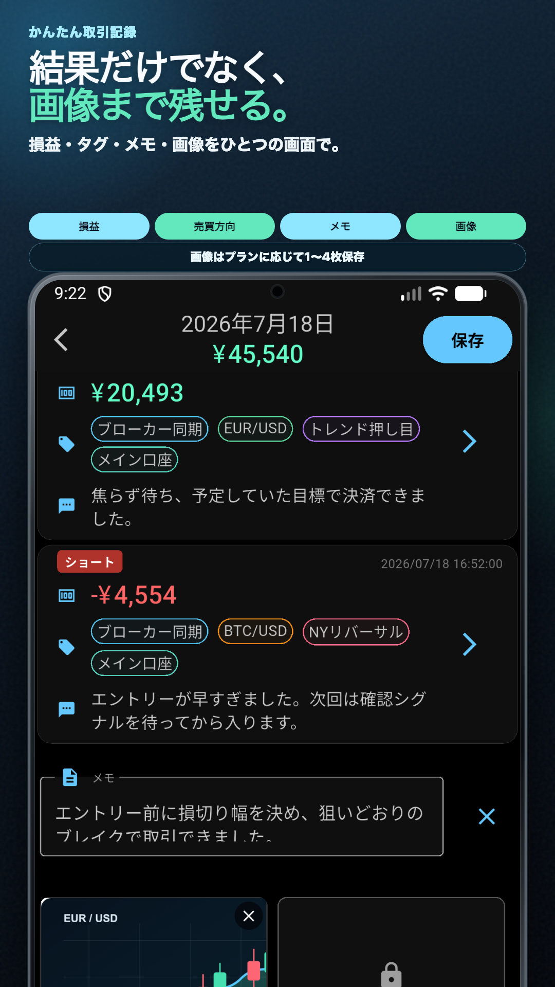 日付別の取引、タグ、取引ごとのメモ、1日のメモと画像欄、右上の保存ボタンが表示されたトレードメモの画面